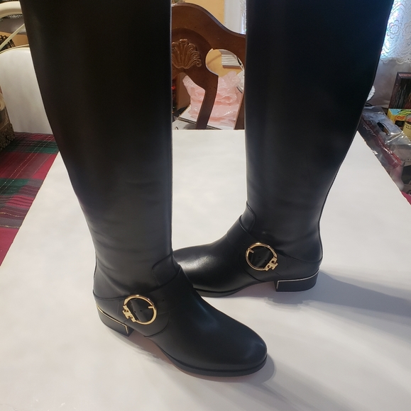 Tory Burch Black & Gold Leather Riding Boots 6.5M - Picture 6 of 8